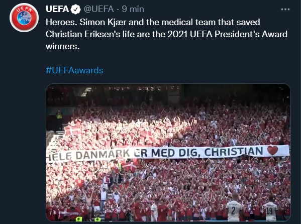 Nagroda Prezydenta UEFA trafia do Simona Kjæra i zespołu medycznego, który uratował życie Eriksena